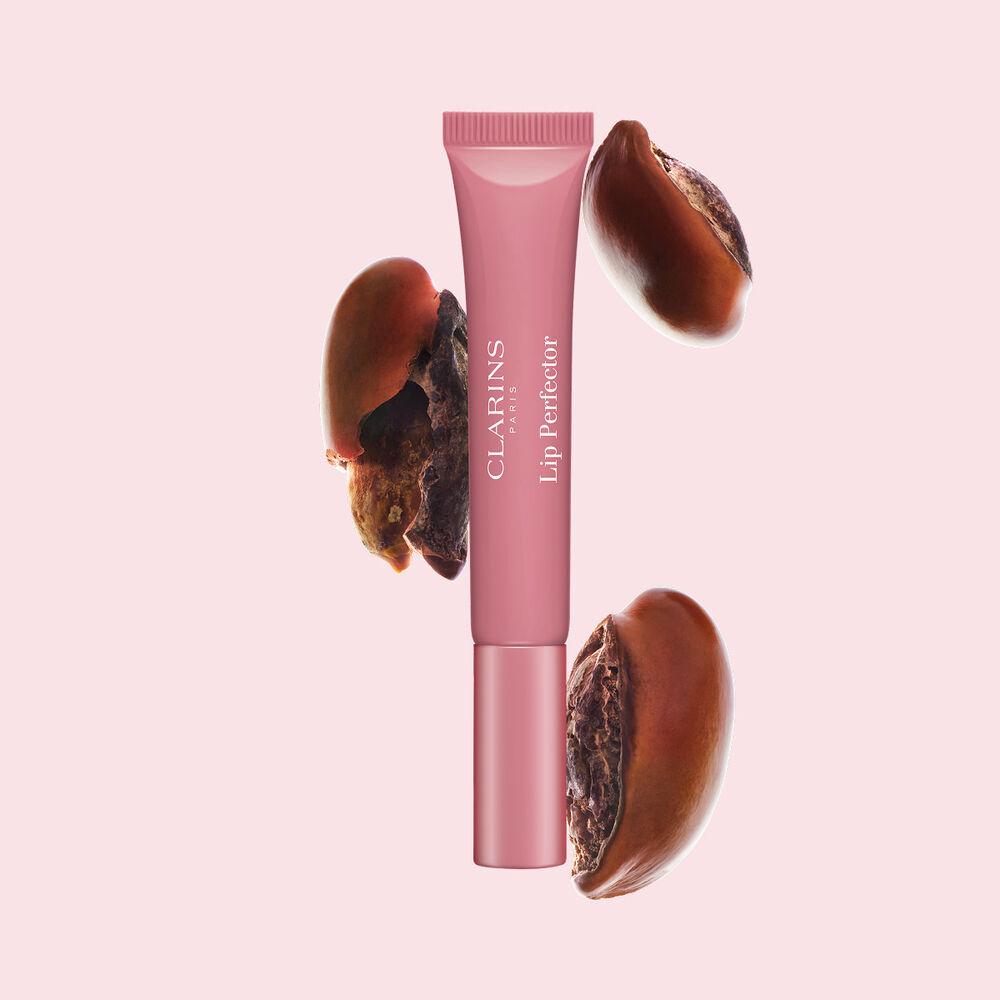 Tubo de Plumping Lip Perfector mostrado con semillas de karit&eacute; crudas para resaltar la intensa f&oacute;rmula de cuidado labial con efecto nutritivo profundo.