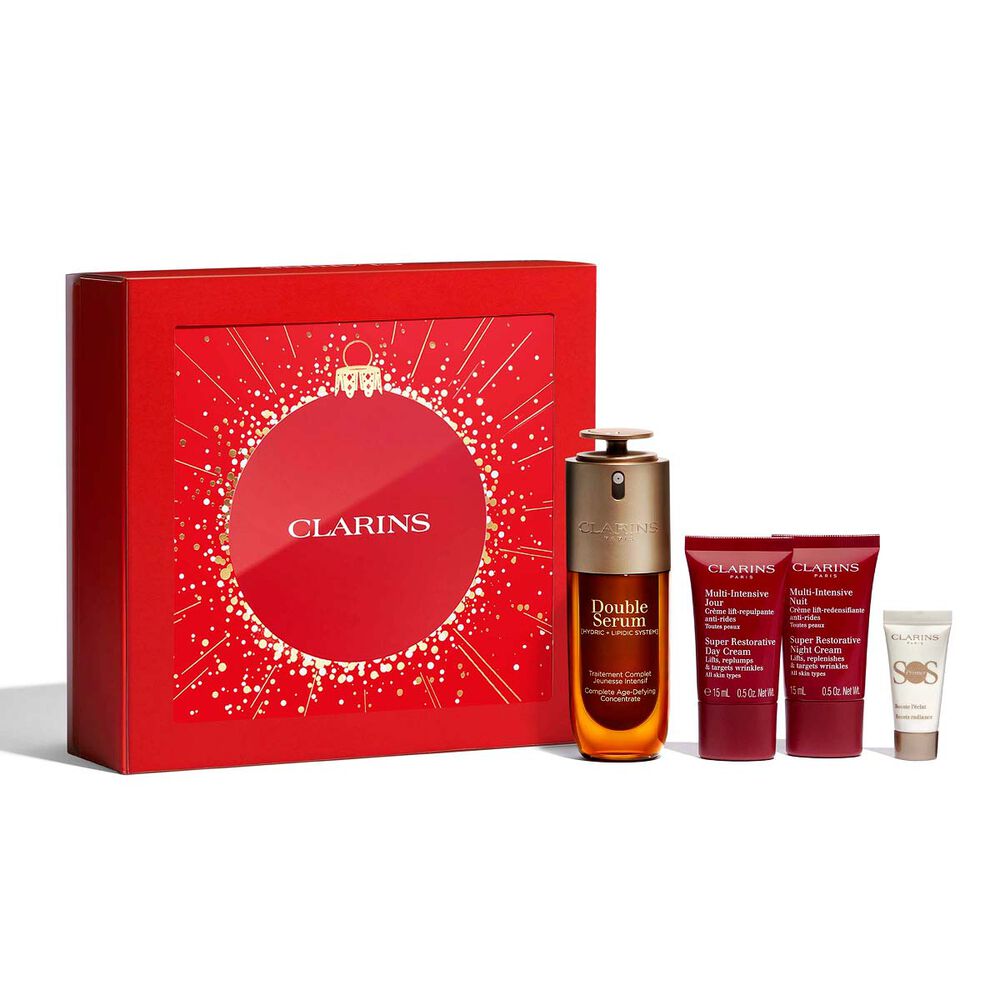 Foto del pack de regalo de Navidad Double Serum de Clarins, con productos imprescindibles para un ritual de tratamiento antiedad.
