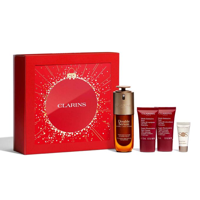 Foto del pack de regalo de Navidad Double Serum de Clarins, con productos imprescindibles para un ritual de tratamiento antiedad.