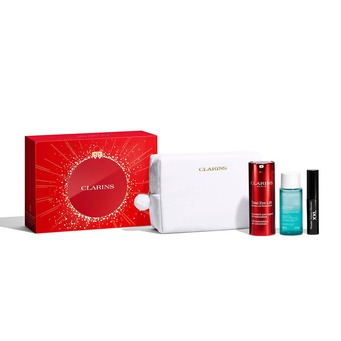 Foto del cofre regalo de Navidad para el contorno de los ojos de Clarins, con productos imprescindibles para el cuidado diario completo de los ojos