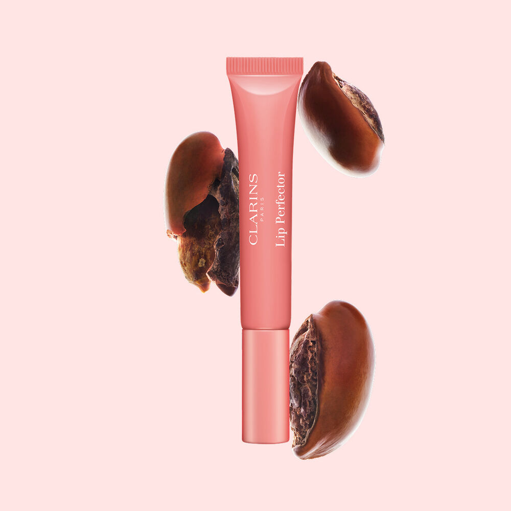 Tubo de Plumping Lip Perfector mostrado con semillas de karit&eacute; crudas para resaltar la intensa f&oacute;rmula de cuidado labial con efecto nutritivo profundo.