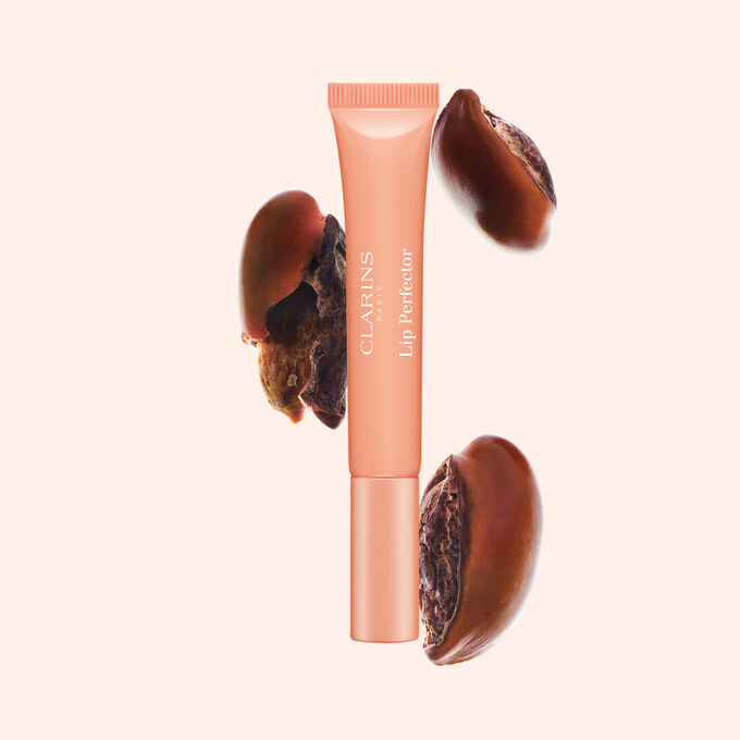 Tubo de Plumping Lip Perfector mostrado con semillas de karit&eacute; crudas para resaltar la intensa f&oacute;rmula de cuidado labial con efecto nutritivo profundo.