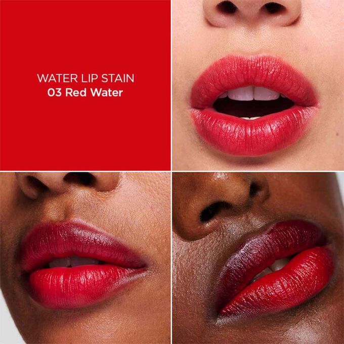 Primer plano de los labios de una mujer que muestra la hidrataci&oacute;n, el color y el efecto mate tras la aplicaci&oacute;n del tono&nbsp;03&nbsp;rojo de Water Lip Stain.