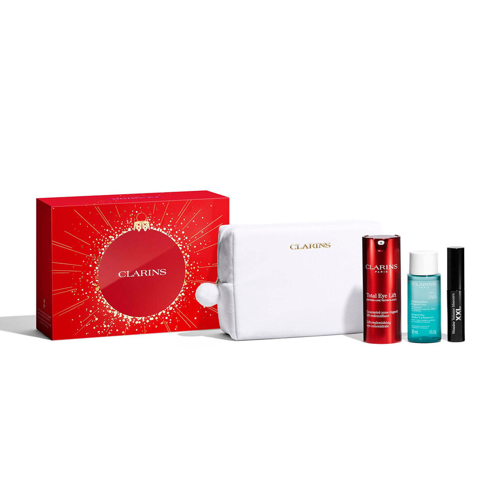Foto del cofre regalo de Navidad para el contorno de los ojos de Clarins, con productos imprescindibles para el cuidado diario completo de los ojos