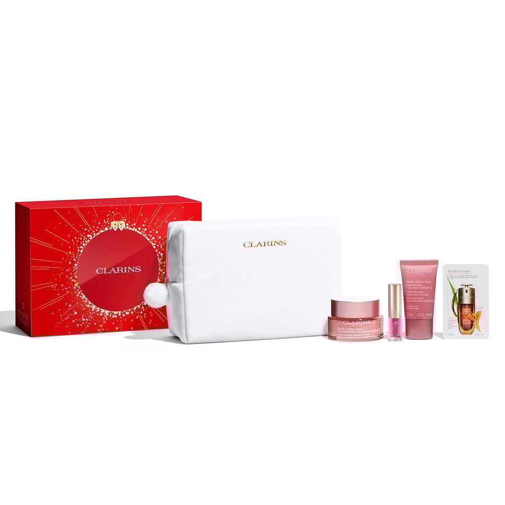 Foto del cofre regalo de Navidad Multi-Activa de Clarins, que incluye productos imprescindibles para el cuidado de la piel y la prevención de las primeras arrugas