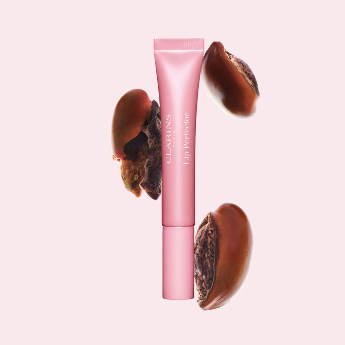 Tubo de Plumping Lip Perfector mostrado con semillas de karit&eacute; crudas para resaltar la intensa f&oacute;rmula de cuidado labial con efecto nutritivo profundo.