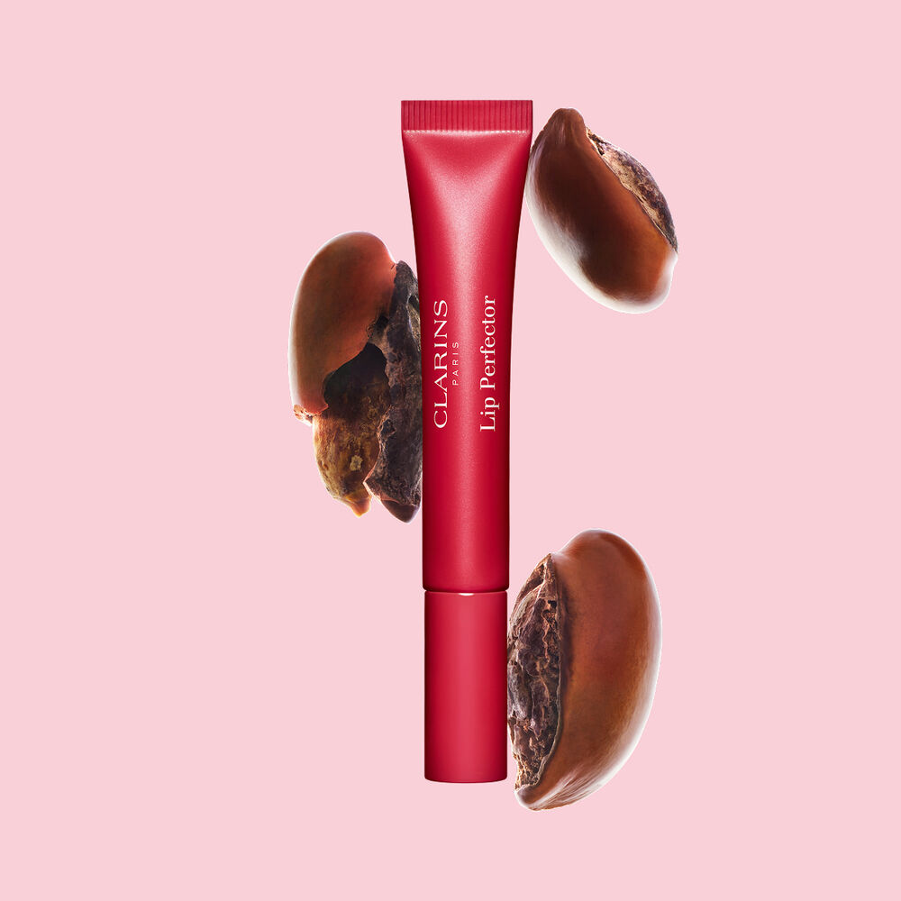 Tubo de Plumping Lip Perfector mostrado con semillas de karit&eacute; crudas para resaltar la intensa f&oacute;rmula de cuidado labial con efecto nutritivo profundo.