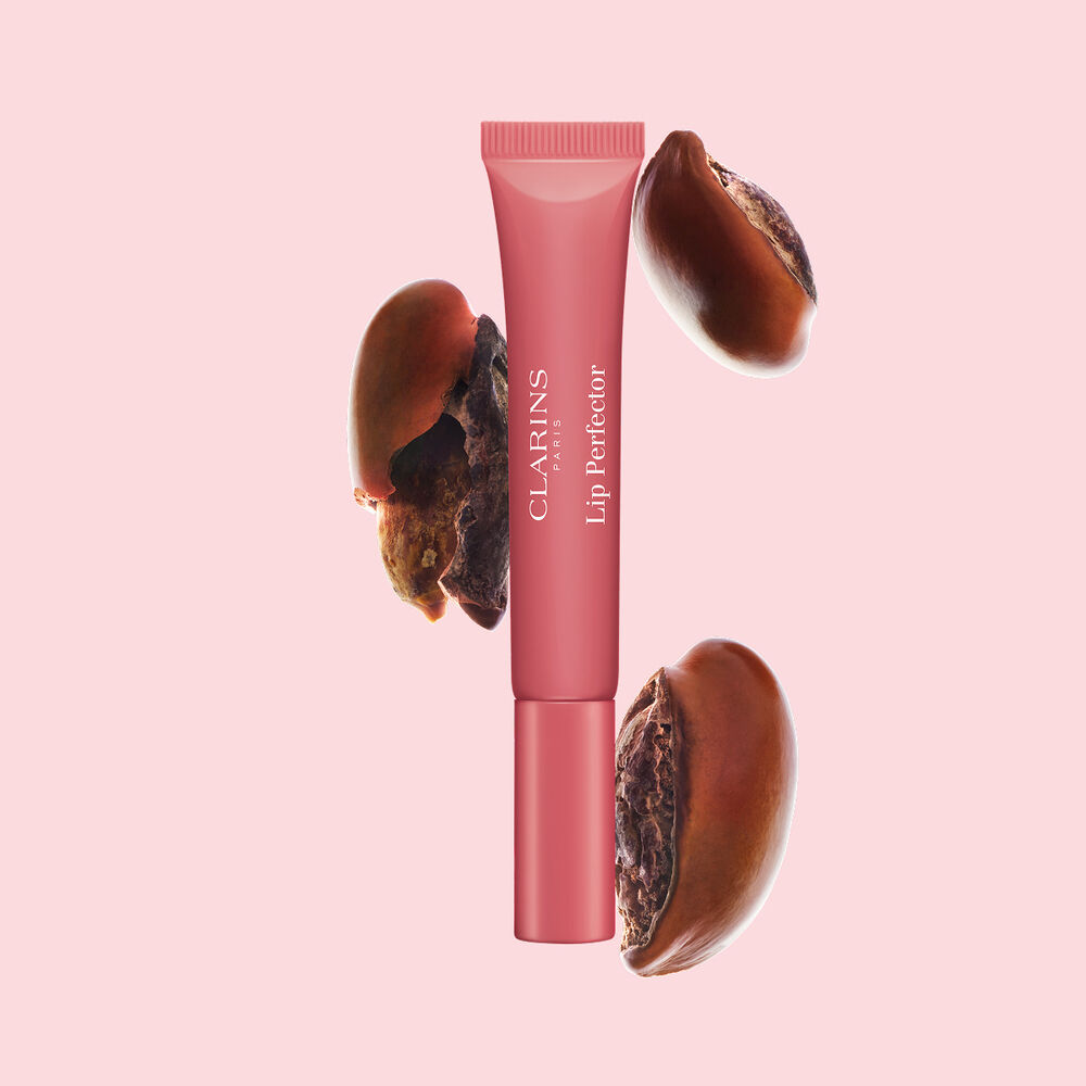 Tubo de Plumping Lip Perfector mostrado con semillas de karit&eacute; crudas para resaltar la intensa f&oacute;rmula de cuidado labial con efecto nutritivo profundo.
