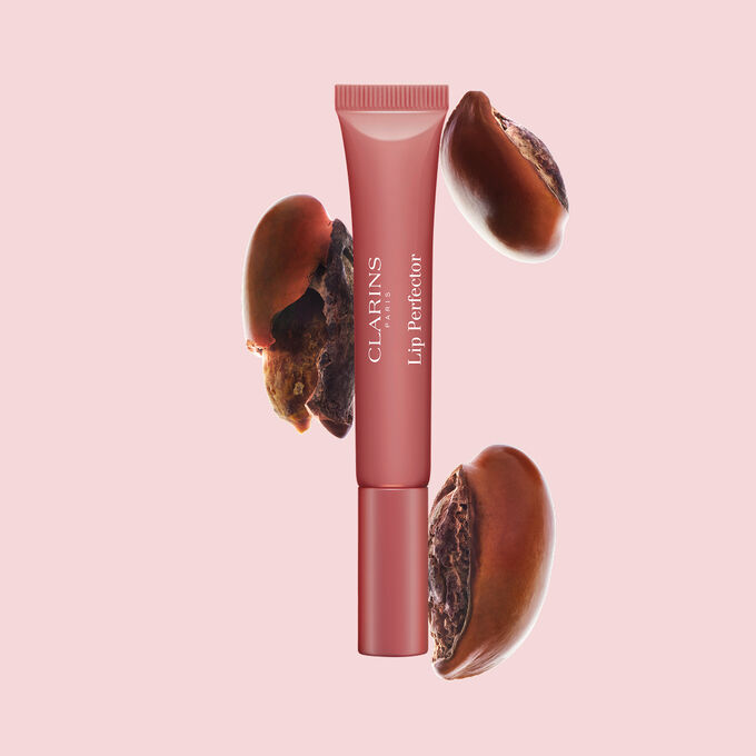 Tubo de Plumping Lip Perfector mostrado con semillas de karit&eacute; crudas para resaltar la intensa f&oacute;rmula de cuidado labial con efecto nutritivo profundo.