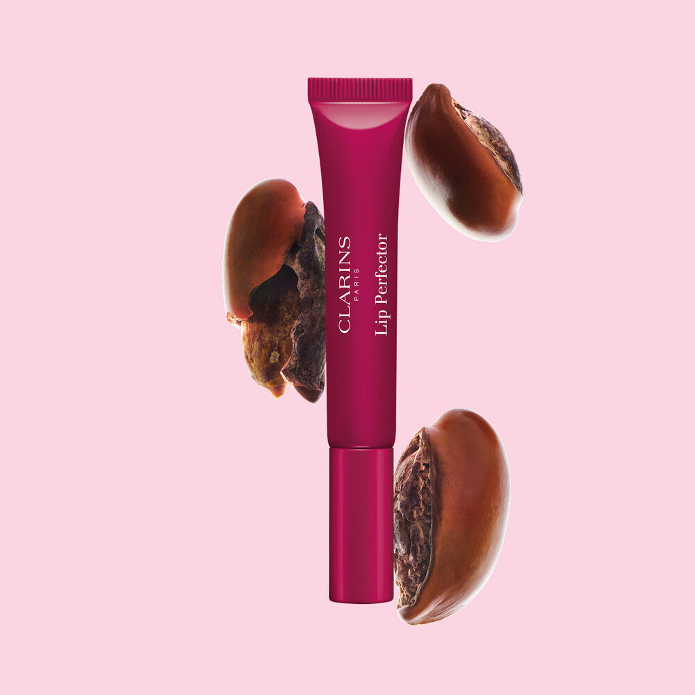 Tubo de Plumping Lip Perfector mostrado con semillas de karit&eacute; crudas para resaltar la intensa f&oacute;rmula de cuidado labial con efecto nutritivo profundo.
