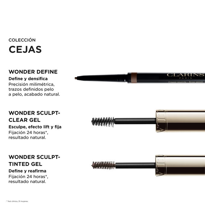 Ritual para definir las cejas de Clarins con imprescindibles: Wonder Define, Sculpt-Clear Gel y Sculpt-Tinted Gel para un lifting natural y una fijaci&oacute;n de 24 horas.