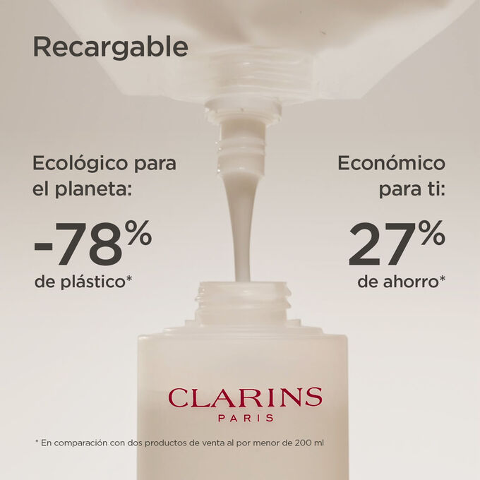 Opci&oacute;n de recarga de la leche Desmaquillante Ultrasuave de Clarins, que reduce el uso de pl&aacute;stico en un 78% y ahorra un 27 % sobre el coste para una soluci&oacute;n sostenible para el cuidado de la piel