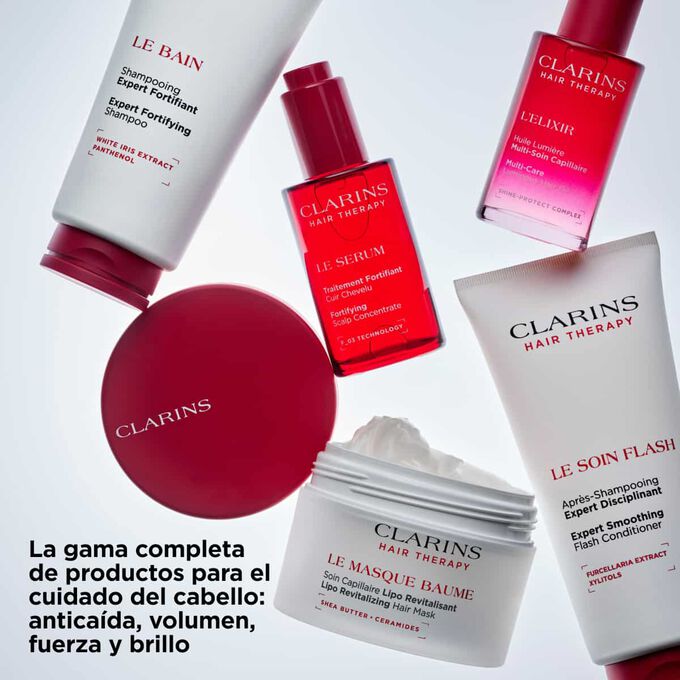 La gama completa Hair Therapy de Clarins: cinco tratamientos para el cuero cabelludo y el cabello para reducir la ca&iacute;da, potenciar el volumen, la fuerza y el brillo.