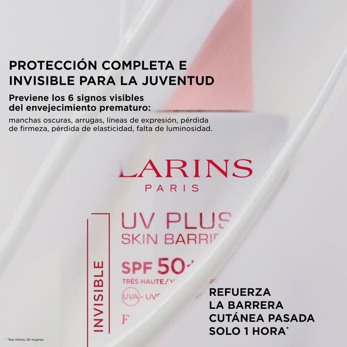Medio oculto, Clarins UV Plus Skin Barrier Fluid destaca la protecci&oacute;n invisible de la juventud y la fortaleza de la barrera cut&aacute;nea tras 1 hora.