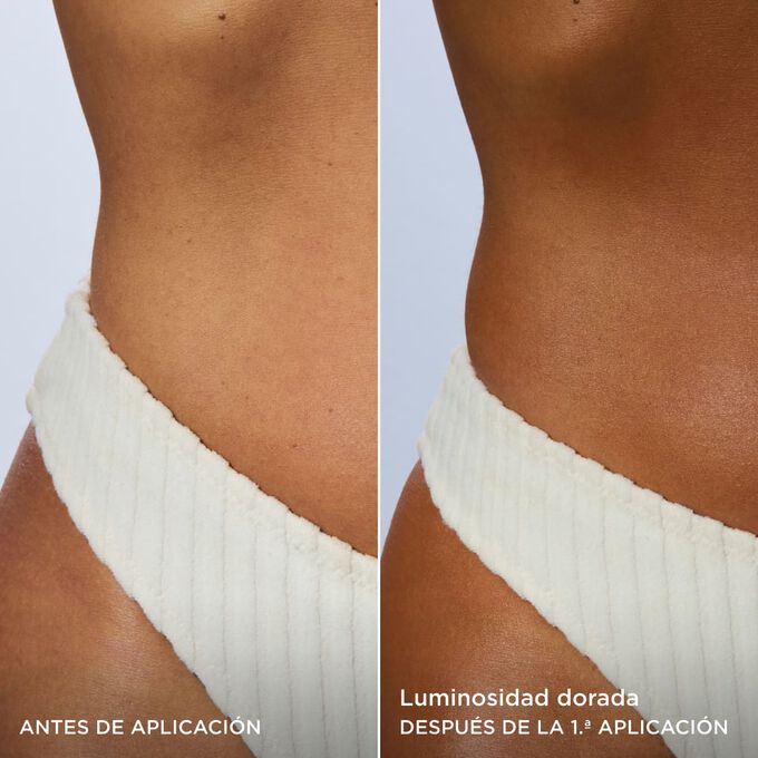 Antes y despu&eacute;s del cuerpo de una mujer, mostrando un brillo dorado natural tras la primera aplicaci&oacute;n de Body Self-Tan Lotion de Clarins.