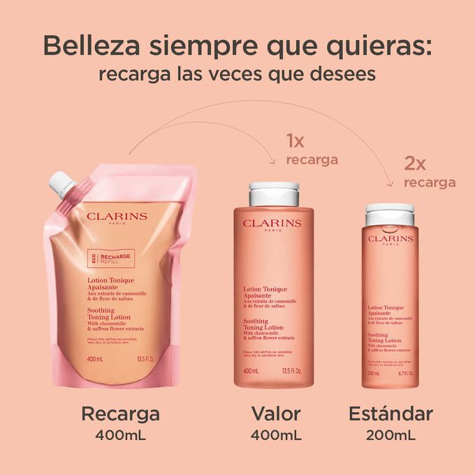 Presentaci&oacute;n de los tres formatos de la loci&oacute;n Clarins: 400&nbsp;ml, 200&nbsp;ml y la recarga de 400&nbsp;ml, para destacar la opci&oacute;n de recargar tu loci&oacute;n como necesites.