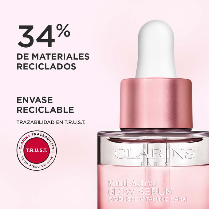Primer plano de la tapa del frasco del Sérum Multi-Active Glow, que destaca el 34% de materiales reciclados y el diseño reciclable.