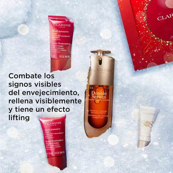 Foto del cofre de tratamiento antiedad de Clarins, que ofrece resultados visibles de lifting, reafirmación y suavidad para un aspecto más joven y radiante