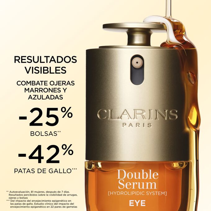 Resultados del s&eacute;rum para el contorno de los ojos, Double Serum Ojos : act&uacute;a sobre ojeras marrones y azuladas, bolsas y patas de gallo.