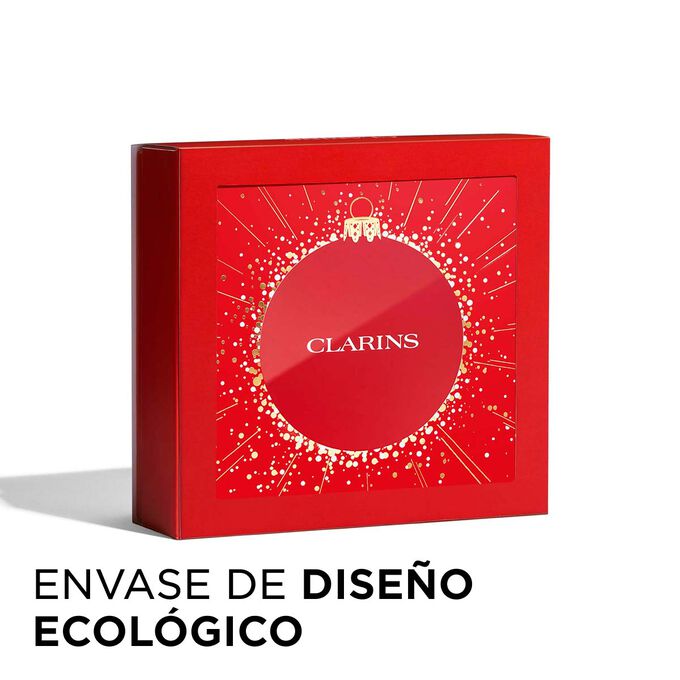 Foto del pack de regalo de Navidad de Clarins con envase ecológico, que destaca la sostenibilidad y la atención al detalle en los regalos.