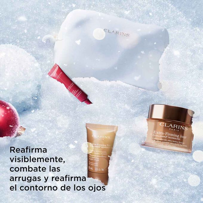 Foto del cofre regalo de Navidad de Clarins, que destaca el cuidado reafirmante que reafirma la piel, suaviza las arrugas y abre la zona de los ojos
