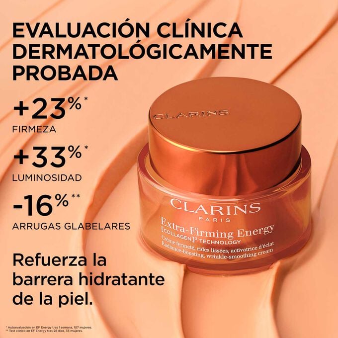 Foto de la crema Collagen Boost sobre un fondo texturizado, resaltando los efectos de luminosidad, firmeza y refuerzo de la barrera hidratante de la piel.