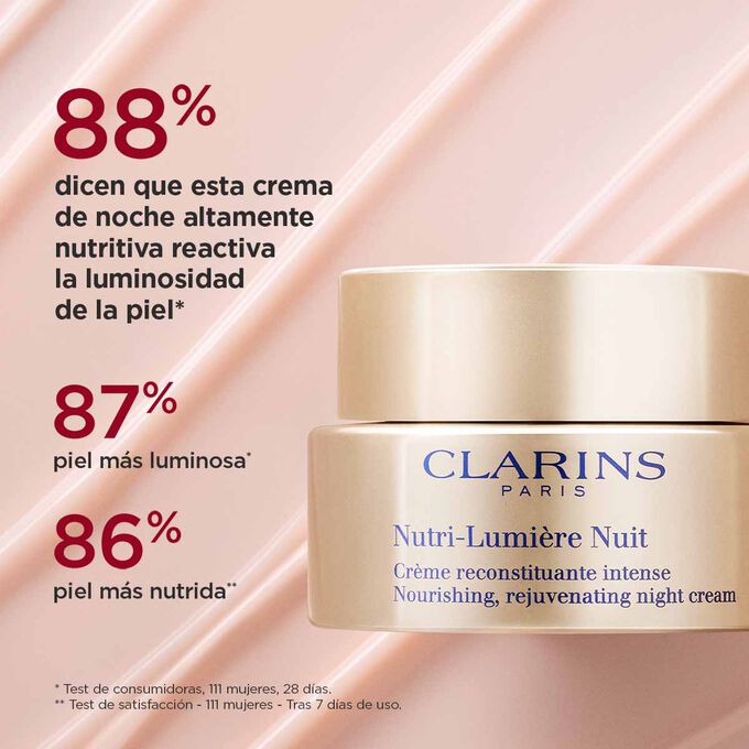 Imagen con foto y textura de fondo, que pone de relieve una piel nutrida, radiante y luminosa por el uso de Nutri-Lumière Nuit