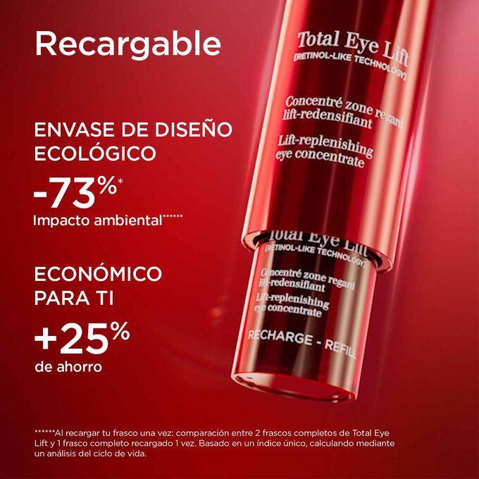 Primer plano del envase de Total Eye Lift que pone de relieve su formato de recargas ecológico con un 73% menos de impacto medioambiental