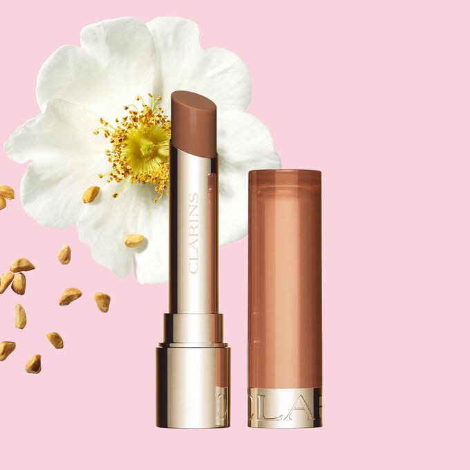 Clarins Nourishing Lip Oil Balm giving a subtle chocolate finish