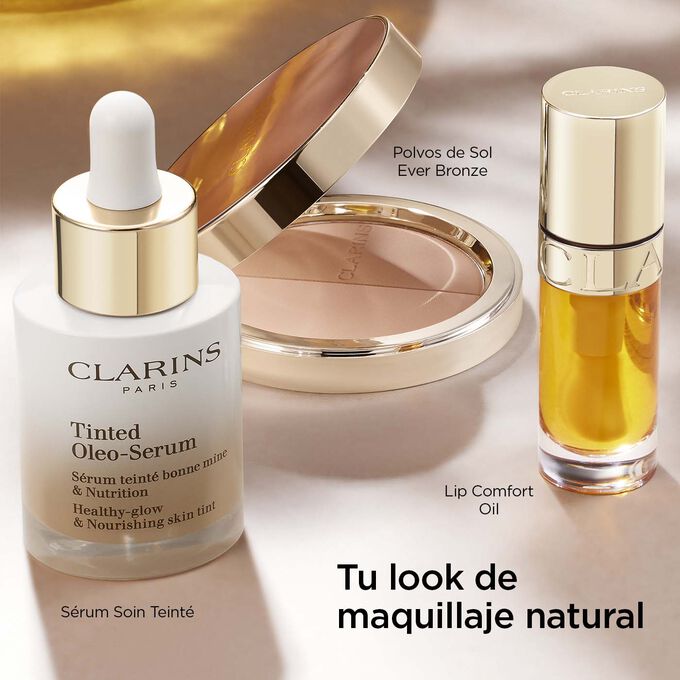 Selección de maquillaje de Clarins para un look natural que incluye un sérum con color, una máscara de pestañas voluminizadora y un aceite labial.