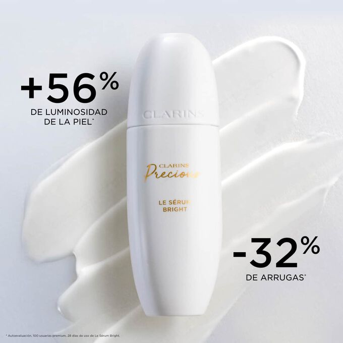 Fotograf&iacute;a del s&eacute;rum Clarins Precious Brightening sobre un fondo texturizado, que resalta su efecto en la luminosidad de la piel y la reducci&oacute;n de arrugas.