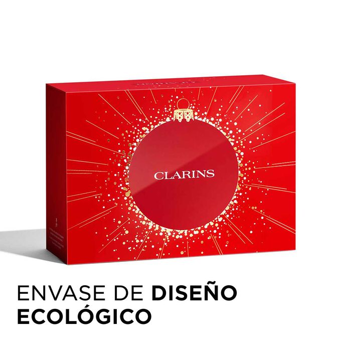 Foto del pack de regalo de Navidad de Clarins con envase ecol&oacute;gico, que destaca la sostenibilidad y la atenci&oacute;n al detalle en los regalos.