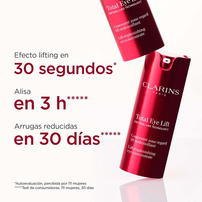 Foto de Clarins Total Eye Lift con texto que resalta su efecto tensor a los 30 segundos, alisador a las 3 h y una reductor de arrugas a los 30 días