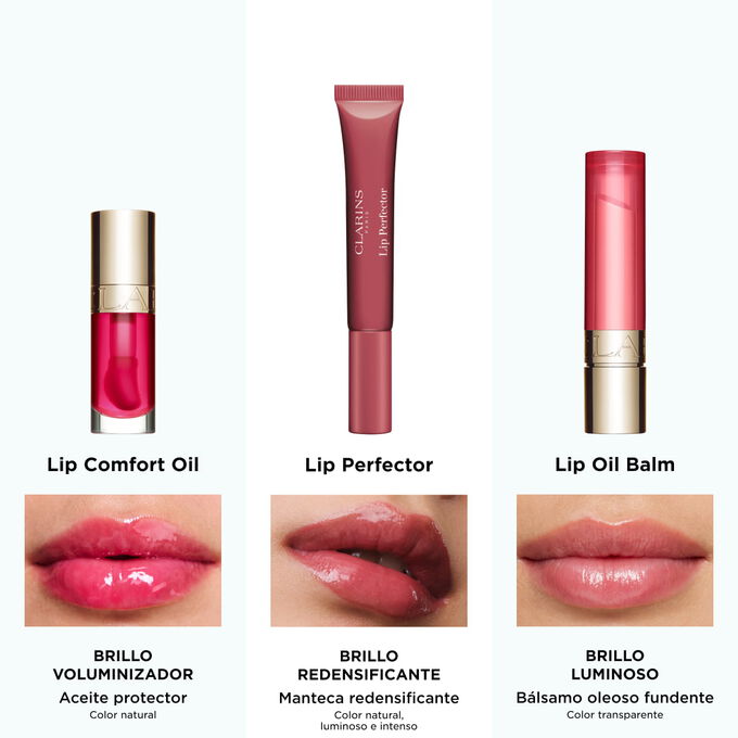 Gama completa de productos para el cuidado de los labios de Clarins, que incluye Lip Oil Balm y Plumping Lip Perfector para un acabado natural, luminoso y de color intenso.