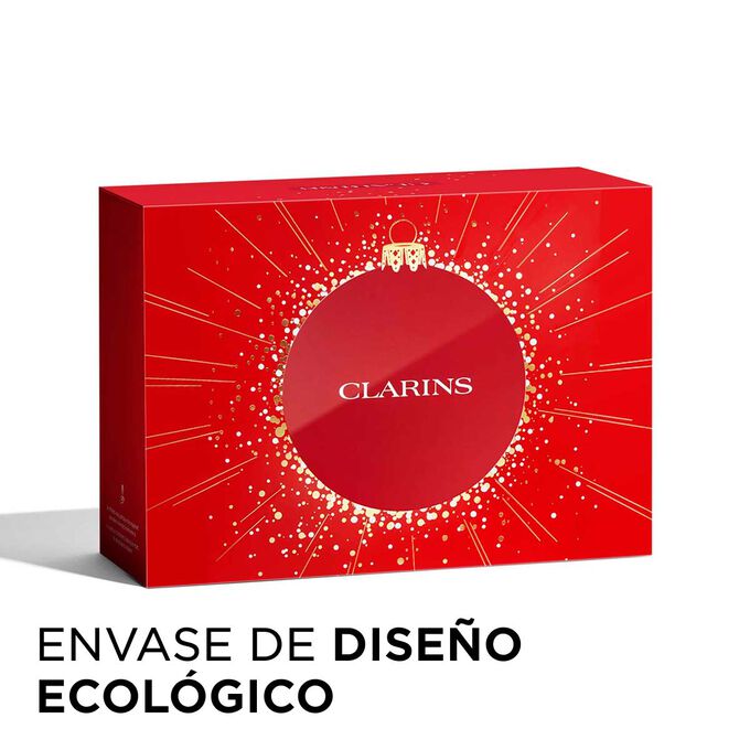 Foto del pack de regalo de Navidad de Clarins con envase ecológico, que destaca la sostenibilidad y la atención al detalle en los regalos.