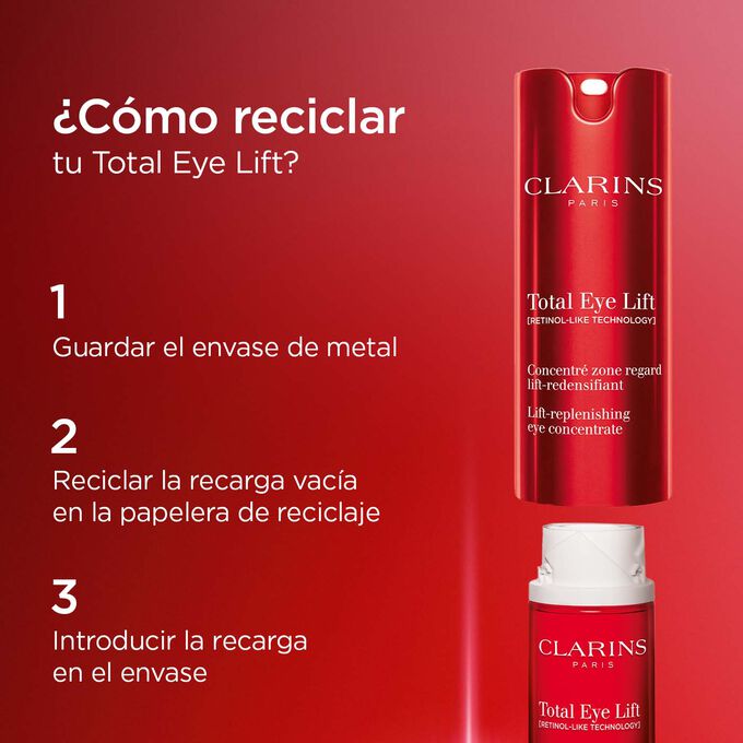 Proceso de reciclado de Clarins Total Eye Lift: guardar el envase metálico, reciclar la recarga vacía e introducir una nueva recarga en el envase.