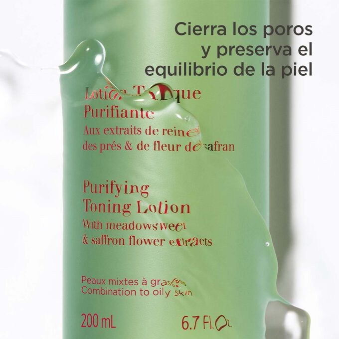 Foto del envase verde de la Lotion Tonique Purifiante, con la mitad bajo el agua con un texto sobre su acción equilibrante