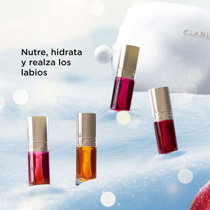 Foto del cofre regalo de belleza de Navidad de Clarins, con aceites labiales que nutren, hidratan y realzan los labios con un brillo natural