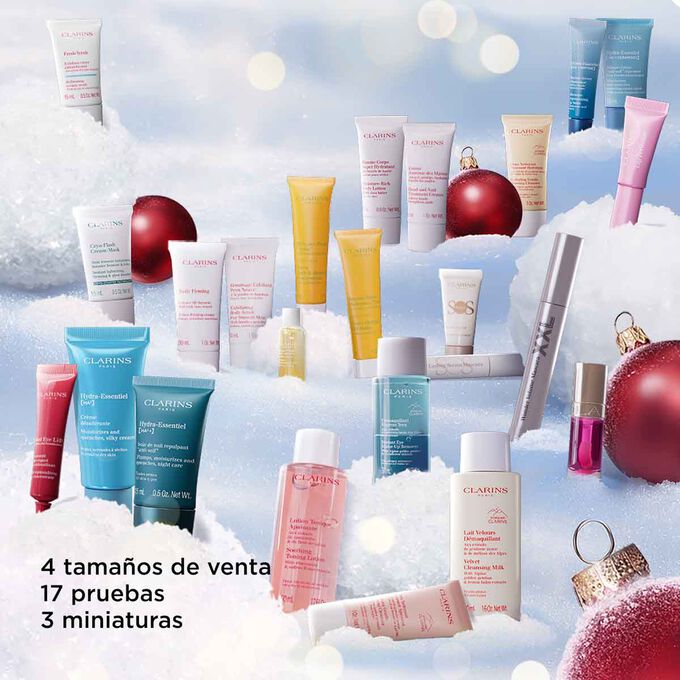 Foto del calendario de Adviento de productos para el cuidado de la piel y de maquillaje de Clarins, con 4 productos de tamaño grande, 17 pruebas y 3 miniaturas de productos esenciales de Clarins