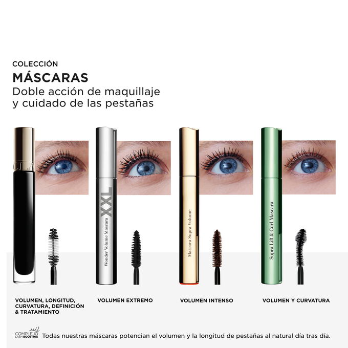 Colecci&oacute;n de m&aacute;scaras de pesta&ntilde;as Clarins que aportan volumen, longitud, curvatura, definici&oacute;n y tratamiento con complejo potenciador de pesta&ntilde;as para su cuidado y un rendimiento extremo.