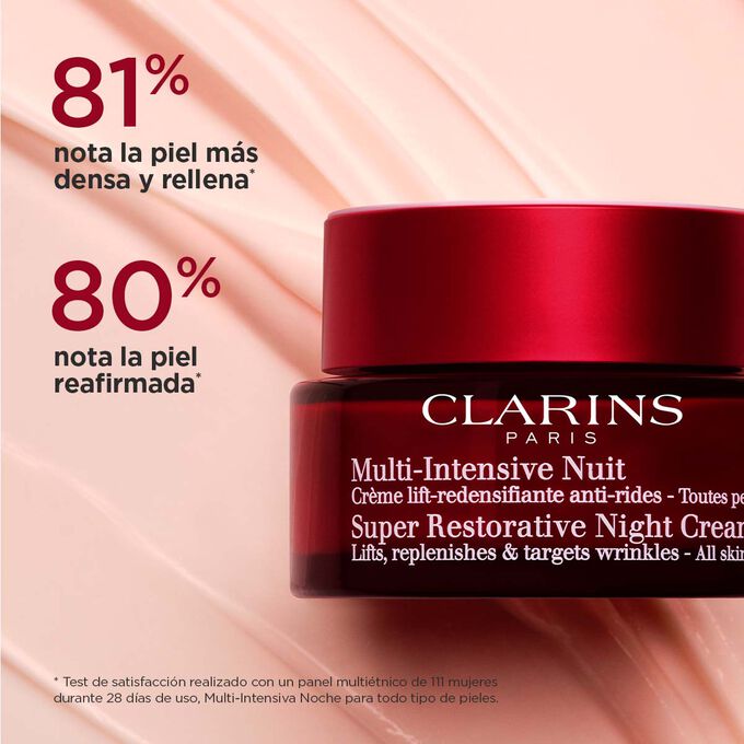Foto de la crema Noche con fórmula tipo retinol de Clarins sobre fondo texturizado, que pone de relieve sus efectos para una piel alisada y redensificada