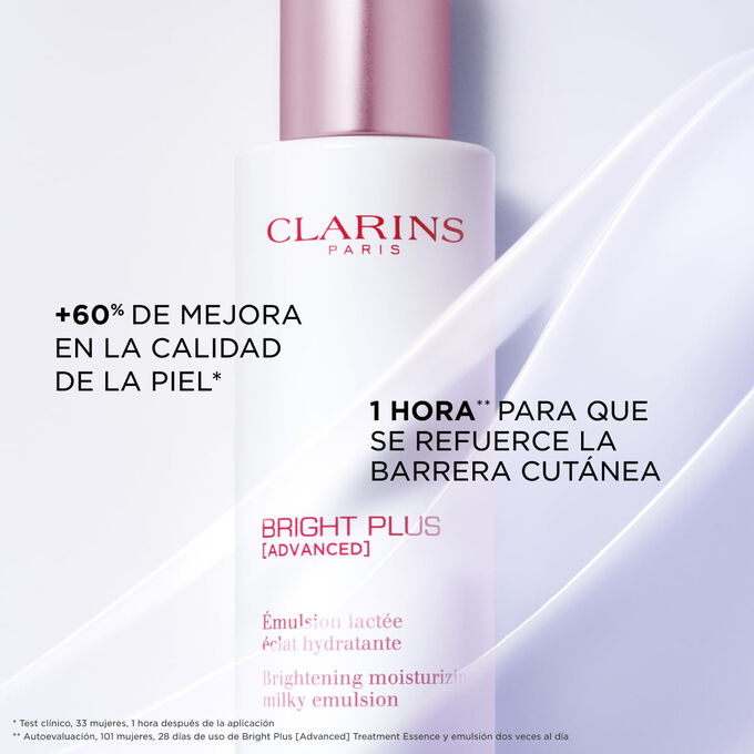 Enfoque en la emulsi&oacute;n Bright Plus de Clarins, destacando su efecto en la mejora calidad de la piel y el refuerzo de la barrera cut&aacute;nea.