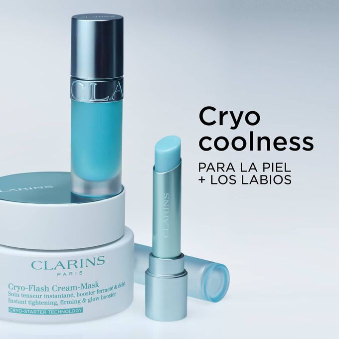 Fotograf&iacute;a de la gama Cryo Coolness de Clarins para la piel y los labios, en la que se muestran productos refrescantes y calmante con efecto redensificante.
