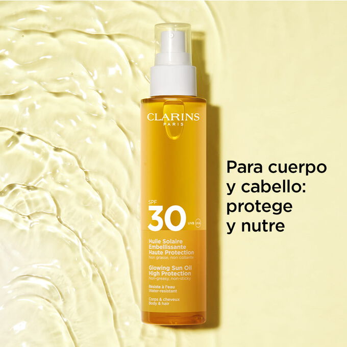Foto con fondo de textura del spray de aceite de protecci&oacute;n solar&nbsp;30+ para cabello y cuerpo con texto sobre sus efectos protectores y nutritivos
