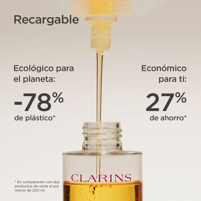 Enfoque de la recarga Huile Tr&egrave;s D&eacute;maquillante, para destacar que se reduce el uso de pl&aacute;stico en un 78% y que ahorrar&aacute;s un 27% de dinero.