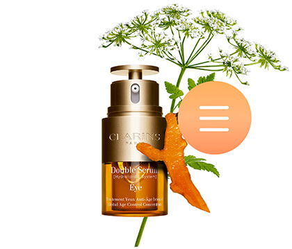 Foto del envase de Double Serum Ojos con los principales ingredientes al lado, el complejo de extractos de cicutaria silvestre bio y de cúrcuma