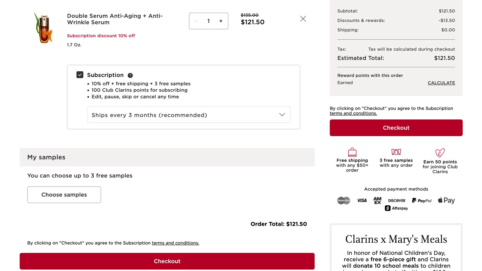 Resumen de suscripción en la página de la cesta