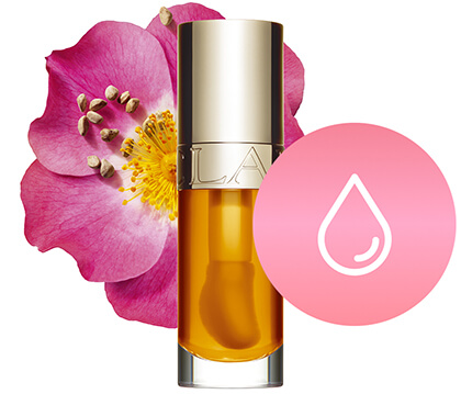 Foto del envase de Lip Comfort Oil con el principal ingrediente al lado, el aceite de rosa mosqueta