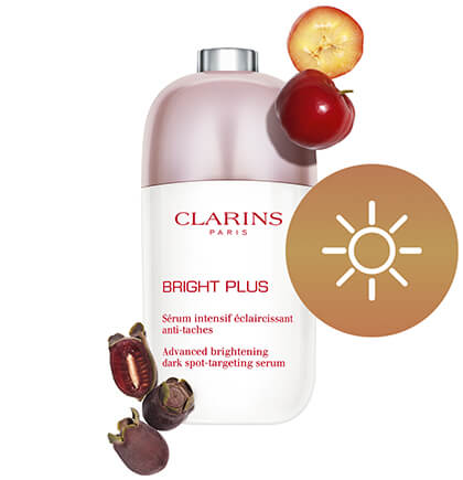 Foto del envase de Bright Plus Serum con los principales ingredientes al lado, el complejo de extractos de semilla de acerola y de mirto rosa